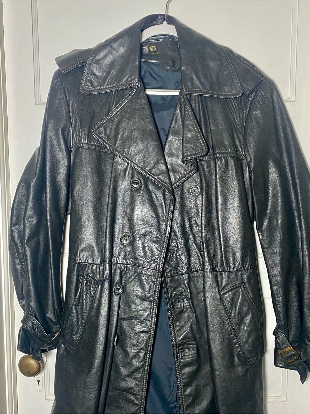 VTG Genuine Leather Black Trench Coat Belted Double Breasted Long Size 40